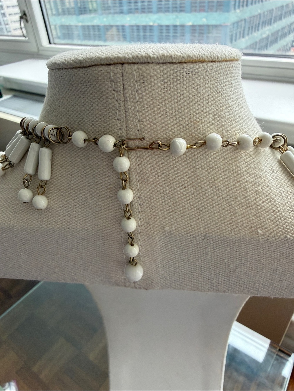 Vintage White Baguette & Round Bead Chandelier Bib Necklace with Extender. - Picture 4 of 4